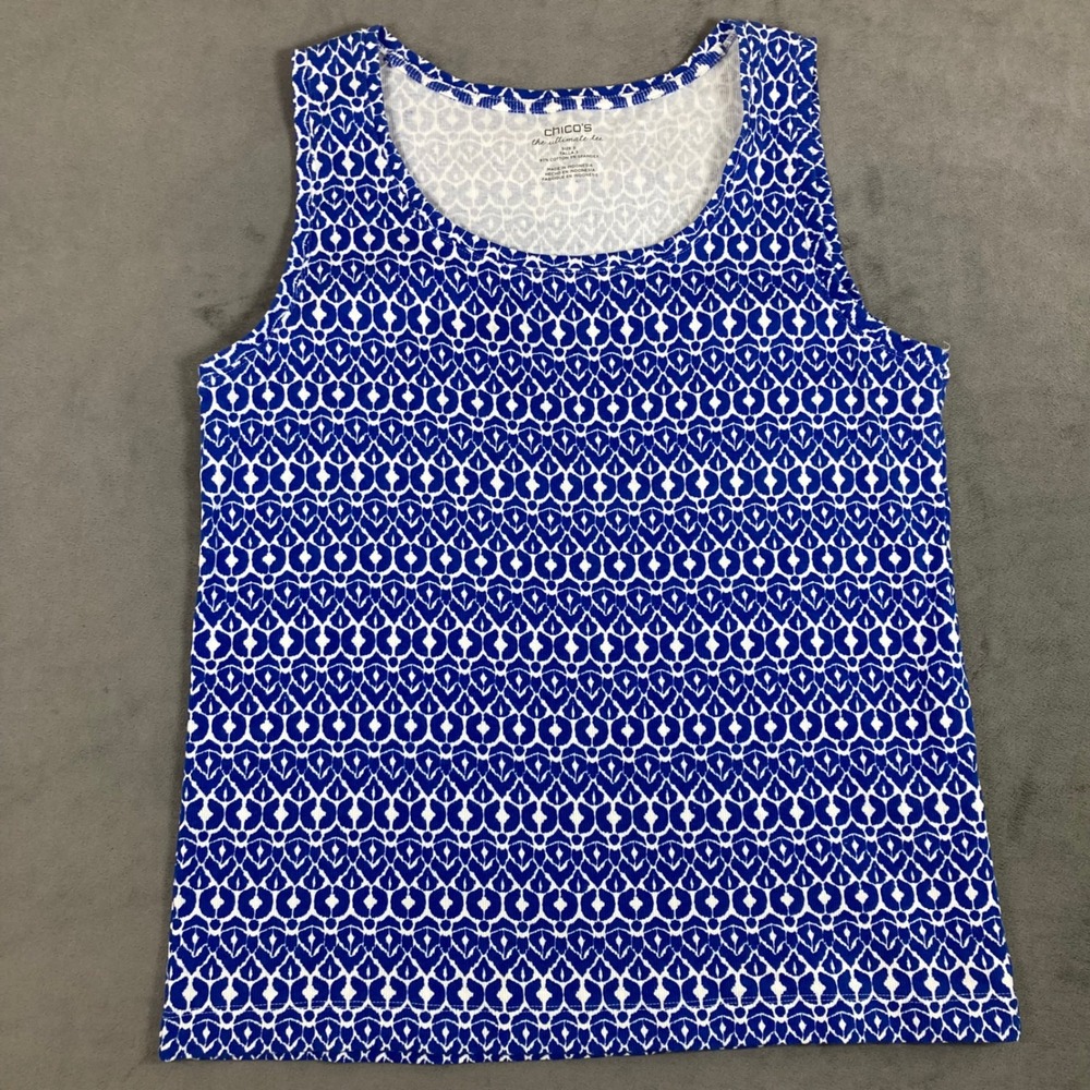 Chicos The Ultimate Tee Blue White Geometric Ribbed Tank Top Size 3 Large XL